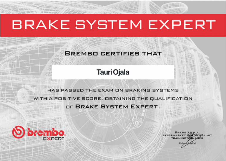 Read more about the article Brembo on myöntänyt meille sertifikaatin ja ”Jarrumestarin” tittelin.